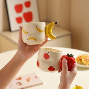 Handmade Ceramic Fruit Handle Mug – 350ml Capacity, Cream Glaze Coffee Cup